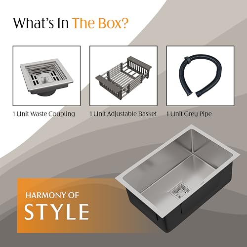 Image of LAPO Stainless Steel Sink for Modular Kitchen | 24x18x9 Inch Single Bowl Format | UV Safe Finish with Integrated Tap Cut-Out | Supplied with Waste Set & Drain Strainer | 20 Year Warranty (Silver Matt)