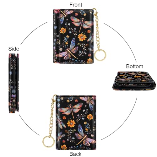 Image of Dragonfly Small Wallet Women, RFID Blocking Trifold Wallet, Cute Credit Card Holder with Kaychain, Credit Card Wallets, Vegan Leather, 7 Card Slots, ID Window, Wallets for Women Ladies Girls