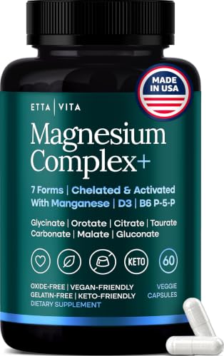 Magnesium Complex for Women & Men 500mg (7-in-1) Magnesium Glycinate with Vegan D3 B6 and Manganese (Made In USA) + Gluconate Citrate Malate Taurate Orotate Carbonate (Oxide-Free) Small Capsule