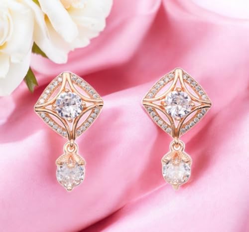 Image of Nilu's Collection 18k Rose Gold Plated Clip On Hoop Earrings, Stylish Women Earrings, Fancy Zircon Copper Bali Earrings for Women and Girls (Drop design)