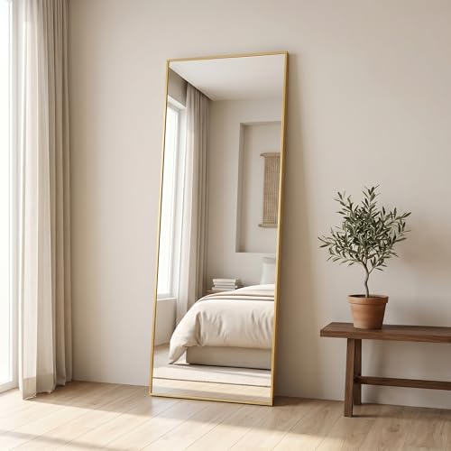 Image of BEAUTYPEAK Full Length Mirror, 58 inchx14 inch Standing Hanging or Leaning Against Wall Floor Mirrors Body Dressing Wall-Mounted for Living Room, Bedroom with Aluminum Alloy Thin Frame, Gold