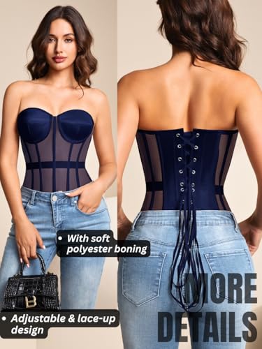 Image of Kaei&Shi Sheer Mesh Overbust Corset,Sexy Strapless Lace Up Satin Bra Corsets Top For Women Shapewear