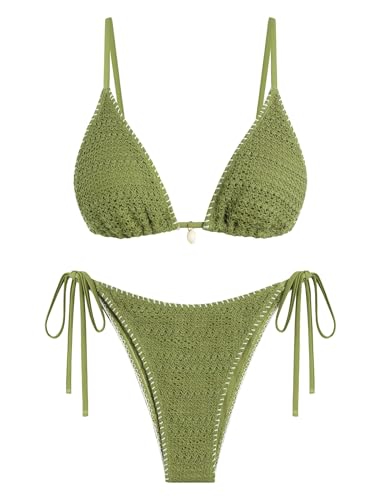ZAFUL Womens Triangle Bikini Set Crochet String Cheeky Swimsuit Sexy Halter Lace 2 Piece Bathing Suits Green