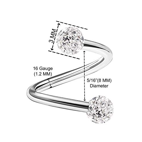 2PCS Stainless Steel Twisted Barbell 16 gauge 5/16 8mm 3mm Clear Crystal Ball Eyebrow Earrings Labret Piercing Jewelry 2156, 0.04pounds2
