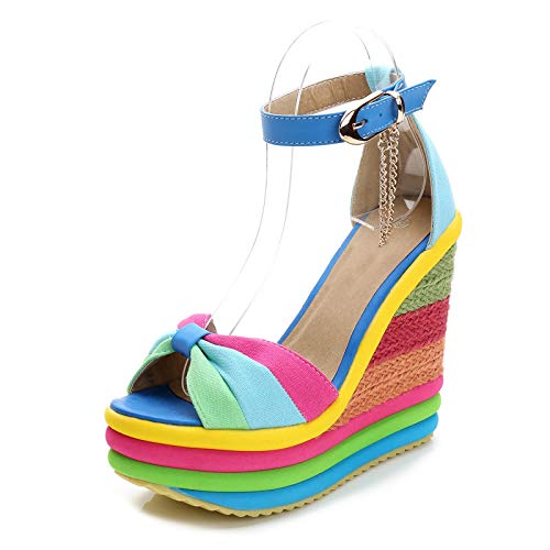 BTKD Platform Sandals for Women Open Toe Ankle Strap High Heel Espadrilles Rainbow Wedge Sandals Women's Ankle Strap Casual Outdoor Wedge Sandals High Heel Flatform Platform Shoes,Blue,37