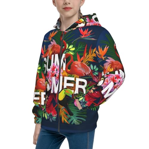 Summer Birds and Flowers Kids Pullover Hoodies Boys Zip Up Sweatshirts Girls Athletic Clothes with Pocket