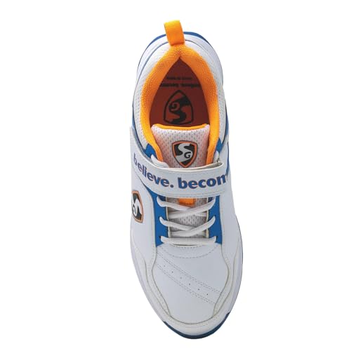 Image of SG Unisex-Child Century 6.0 Rubber Spikes Cricket Shoes, White /Royal Blue /Orange - 4UK