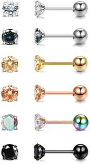 Diamday 6Pairs 20G Stainless Steel Cartilage Stud Earrings for Women Men Girls Tragus CZ Flat Back Screw Back Earring Sets Helix Hypoallergenic Ear Piercing Jewelry