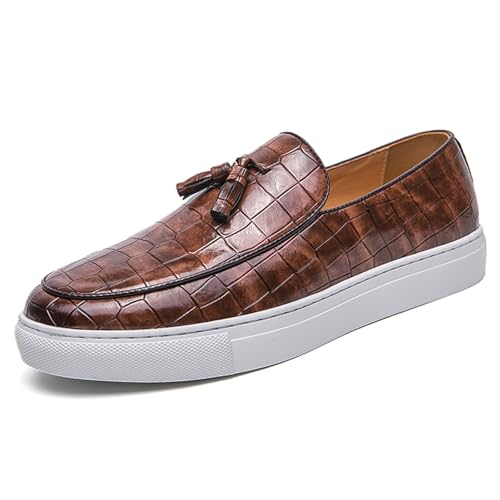 Image of Men's Pattern Leather Platform Slip On Tassel Loafers Comfortable Round Toe Low Top Non-Slip Casual Dress Shoes Flat Penny Loafer for Dating Business Party