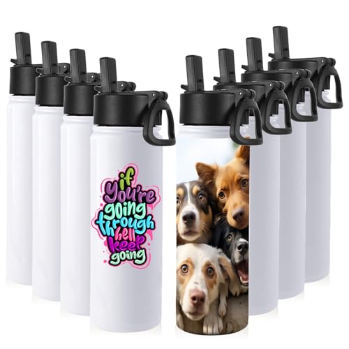 Image of Volhoply Sublimation Insulated Water Bottles Blank Bulk 8 Pack, 22 oz Stainless Steel Sports Bottle with Straw, Double Walled Vacuum Metal Water Flask with Wide Mouth(Sublimation,8 Set)