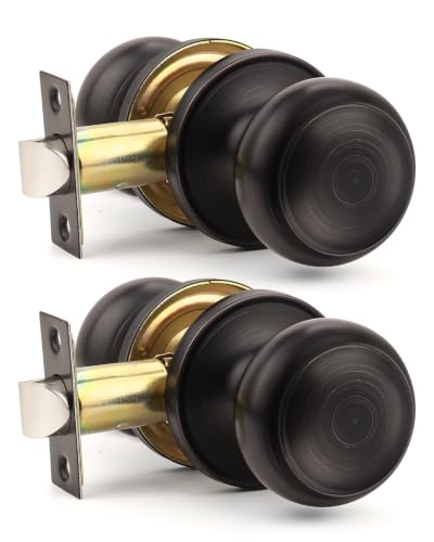 Orger 2 Pack Oil Rubber Bronze Passage Door Knobs Interior, Classic Round Shape Bronze Doorknobs with Non-Locking, Keyless Modern Design Door Lockset for Closet and Hallways
