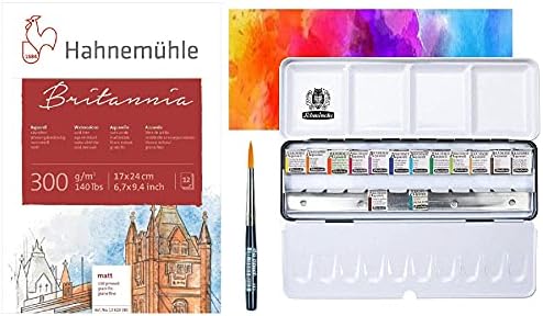 Schmincke Akademie, Watercolour Colour Box, Basic Assortment 14 x 1/2 Napkins with Davinci Brush with Tap Mill Watercolour Cardboard Britannia Mat, 300 g/m², 17 x 24 cm, 12 Sheets