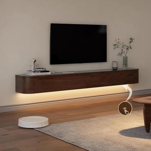 Floating TV Stand Wall Mounted, Modern Entertainment Center Media Console, Solid Wood Floating TV Cabinet for Living Room, Wall Hung Consoles for 55/65/75 80 Inch TVs (Brown with LED, 63IN/160CM)