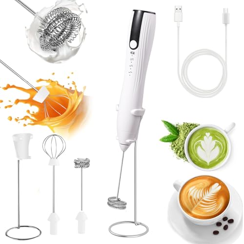 Image of Rechargeable Milk Frother Handheld with Stand, Coffee Foam Frother Wand, Detachable Stainless Steel Whisk Drink Mixer for Coffee, Cappuccino, Lattes, Frappe, Matcha,Egg and Hot Chocolate, White