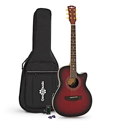 Guitare électro-acoustique Roundback de Gear4music Red avec accessoires - Les Beatles, Paul McCartney, John Lennon, RIngo Starr, George Harrison Guitare électro-acoustique Roundback de Gear4music Red avec accessoires