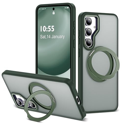 Image of for Samsung Galaxy S24 FE Case with 360 Rotatable Magnetic Ring Stand Compatible with Mag-Safe Military Protection Shockproof Matte Translucent Phone Cases for S24 FE,Dark Green