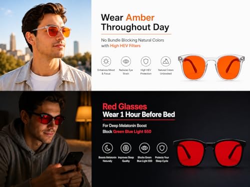 Image of Day & Night Blue Light Blocking Glasses Combo for Men & Women | Amber Tint Day-Evening Glasses + Red Tint Night Glasses | Computer, Mobile, Reading & Indoor Evening Use Eyewear
