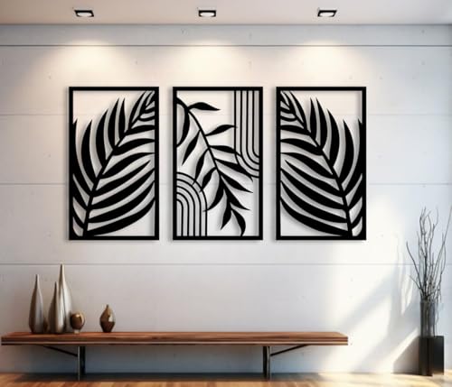 DAKSHESTRY ARTWORKS Boho Tropical Leaves Pack Of 3 Wall Decor Abstract Wood Wall Art | Minimalist Decor Bohemian Line Art Geometric Line Arch Leaf for Living Room Bedroom 15 inch*8inch