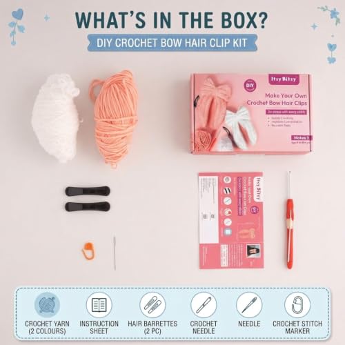 Image of Itsy Bitsy DIY Make Your Own Crochet Bow Hair Clips Kit | Beginner Friendly Crochet Craft Set | Create Handmade Hair Bow Accessories | Complete DIY Hobby Gift Box