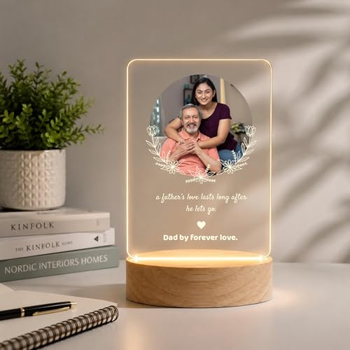 Image of Giftplease Fathers Day Personalized Rectangle Acrylic LED Frame - Custom Single Round Photo Wood Stand Tabletop Showcase with Floral Wreath Graphic For Grandpa Birthday, Dad, Stepdad