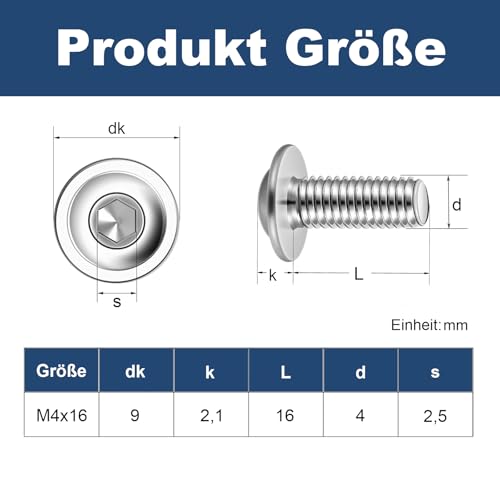 20 Stück M4 x 16 mm Linsenkopfschrauben mit Flansch Innensechskant Antrieb Edelstahl A2 V2A Schrauben Vollgewinde mit Innensechskantschlussel