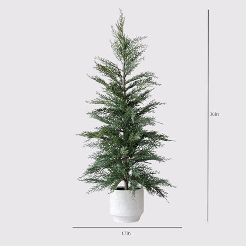 CG Hunter Holiday Collection, Set-of-1 Faux Evergreen Cedar Trees, Premium Artificial Indoor Cedar Tree Stands 36" Tall in Creme Pot–Perfect Christmas Decoration