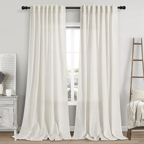 Cream Linen Curtains 112 Inches Long for Living Room Extra Long Back Tab Curtains Neutral Farmhouse Light Filtering Semi Sheer Linen Drapes Ceiling to Floor for Large Window 2 Panels Set 52x112
