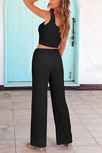 Ultranice 2023 Womens Two Piece Outfits Loungewear Summer Scoop Neck Tank Top Long Pants With Pockets(Black,L) #TOP3
