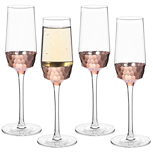 Mygift 8 Oz Premium Quality Flutes With Rose Gold Metal Hammered Design, Champagne Glass Set, Stemmed Holiday Toasting Drinkware, Set Of 4 #TOP17