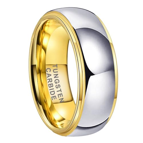 TUTISS 8mm Gold Tungsten Rings for Men Women Couple Fashion Jewelry Engagement Wedding Bands Domed Stepped Edges Polished Shiny Comfort Fit Size 7.5