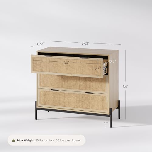 Image of Nathan James Andrew 3-Drawer Rattan Dresser or Boheminan Living Room Storage Cabinet with Natural Rattan Accent and Metal Legs, Light Oak /Black