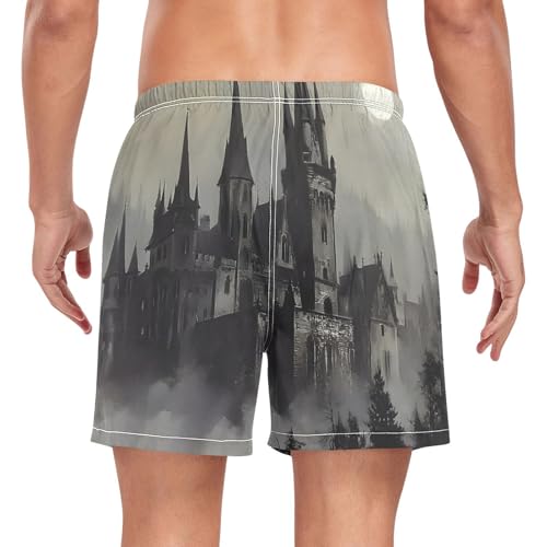 Mens Swim Trunks with Liner, Gothic Castle Night Cool Quick Dry Beach Swim Shorts, Swimwear Bathing Suits S2