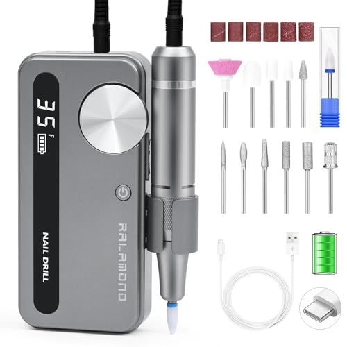 Ralamond Cordless Nail Drill - 35000 RPM Rechargeable Electric Nail File, Professional Kit with Adjustable Speed & Direction, Portable Manicure Tools for Salon & Home (Grey)