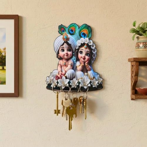 Image of Cute Radha and Krishna Wall-Mounted Key Holder, Decorative MDF Wood, 20x25 cm, 7 Hooks, UV Printed Design, Decorative Wooden Key Stand - Home & Office White & Black