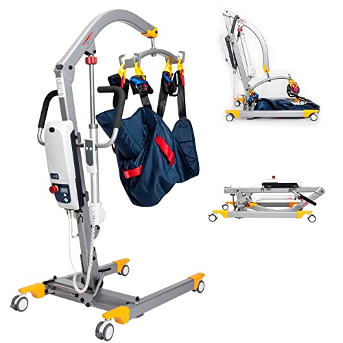 Hi-Fortune Patient Lift Electric Foldable Hydraulic Body Transfer for Home Use Seniors Free-Assembly Portable, Battery-Powered with Low Base, 400lb Weight Capacity with Medium U-Sling, Gray