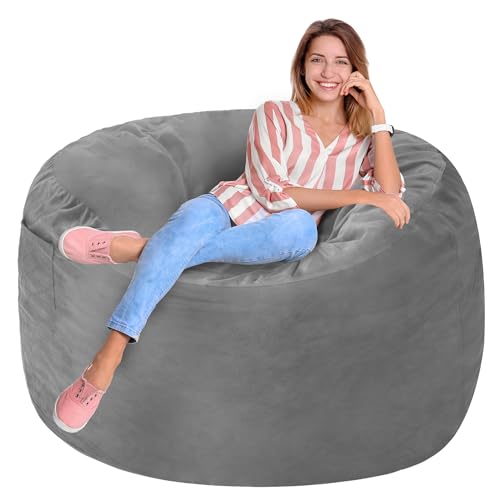 Homguava 3FT Bean Bag Chair: 3' Bean Bags with Memory Foam Filled, Large Beanbag Chairs Soft Sofa with Dutch Velet Cover-Light Grey