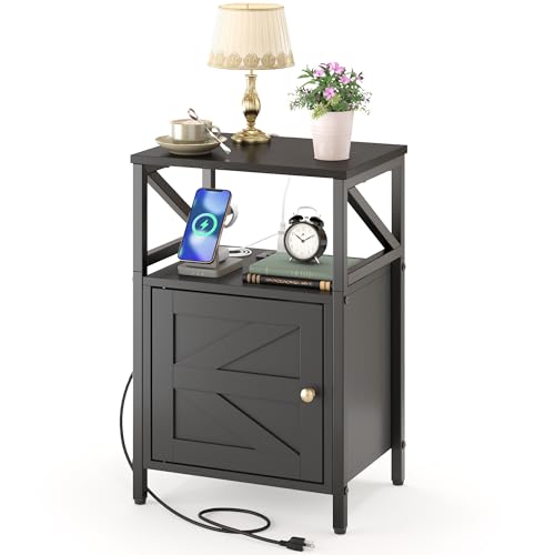 Farmhouse Side Table with Charging Station -3-Tier USB Ports & Outlets End Table, Compact Bedside Storage Table for Small Spaces, Multi-Functional Accent Table for Living Room, Couch Entryway Black