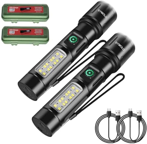2 Pack Flashlight Rechargeable, 6 Modes COB & LED Torch Light 200000 High Lumen, Zoomable, Water-Resistant, Brightest Tactical Flashlights Lampe de poche for Camping, Hiking, Emergencies, Dog Walking