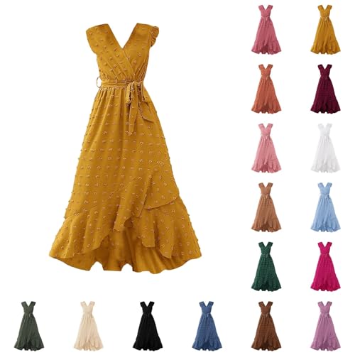 Zomerjurk voor dames, lange boho-jurk, ruches, mouwen, vrijetijdsjurk, elegante V-hals, shirtjurk, getrapte ruches, A-lijn, midi-jurk, mode, polkadots, volant, jurk, onregelmatige zoom, jurk - Afbeelding 5