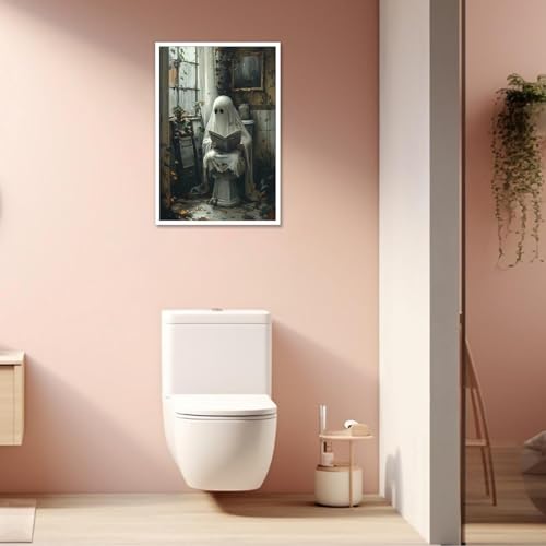Horakey Retro Ghost Poster Farmhouse Halloween Wall Art Ghost Sitting On The Toilet Reading A Book Dark Academia Pictures Prints Painting For Home Bedroom Dorm Wall Decor 12X16In Unframed thumb #3