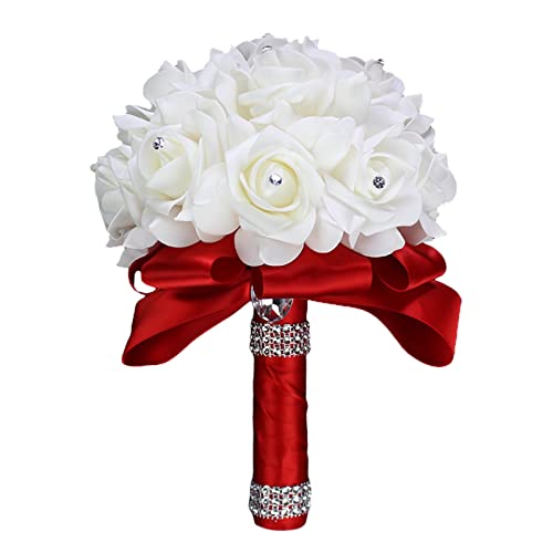 Caziffer Brautstrauß, Hochzeit, künstlicher Rosenstrauß, Blumen mit Band, Perlen, Strass, 18 x 24 cm, rot, One size