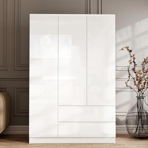 Blisswood High Gloss 3 Door Wardrobe White With Shelf & 2 Drawer Storage and Hanging Rail, MDF Wooden Double Wardrobe Large Cupboard Bedroom Storage Furniture For Bedroom