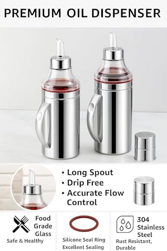 Image of Stainless Steel Oil Dispenser for Kitchen 1000ML- Pack of 1 | Leak-Proof Soy Sauce Bottle with Handle & Spout | Vinegar, Cooking Oil, Liquid Condiment Pourer 1L