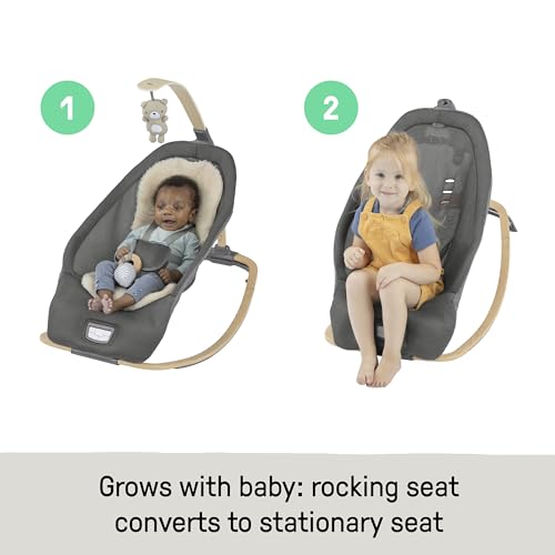 Ingenuity Every Season 2-in-1 Baby Rocker & Seat - Cooling and Warming Fabrics, Detachable Sustainable Wooden Activity Bar, Music, Vibration, for Ages 0-30 Months, Wesley (Grey)