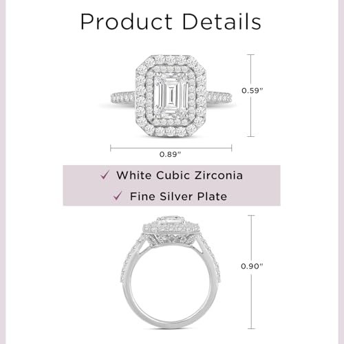 Jewelili Fine Silver Plate Octagonal & Round-cut Cubic Zirconia Double Halo Engagement Ring Wedding Fashion Jewelry for Women4
