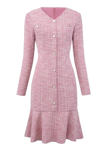 Hobemty Women's Tweed Dress 2025 Long Sleeve Wedding Cocktail Bodycon Fishtail Dresses Small Pink