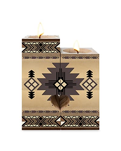 Southwestern America Candle Holders Set, Wooden Tealight Candle Holder Gifts For Women, Brown Tribal Geometric Ethnic Vintage Candlesticks Holder Decor For Wedding Dinning Party #TOP19