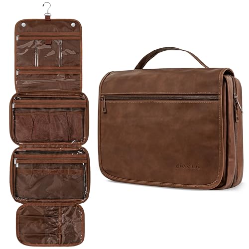 PAVILIA Hanging Toiletry Bag Women Men, Foldable Cosmetic Organizer Travel Bag, Water Resistant Makeup Bag Toiletries, Large Travel Essentials Kit (Dark Brown)