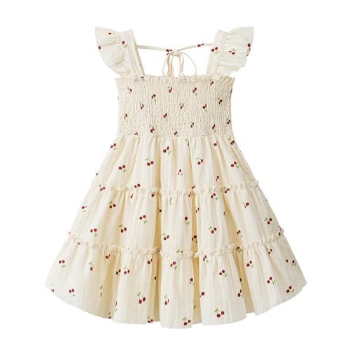 Eqenkely Elegante Vestido de Fiesta para Niña Sin Mangas Casuales Vestidos de Princesa Bordado de Flores para Bebés Niña Beige 3 4 Años