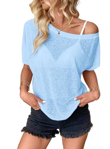 Image of Hilinker Women's Sheer Off The Shoulder Tops See Through Sexy Short Sleeve Mesh Shirt Summer